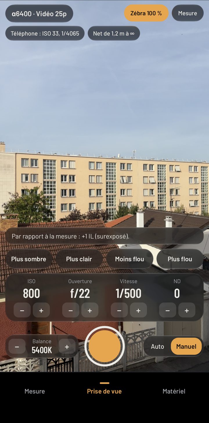 Écran Prise de vue : le téléphone imite les réglages de la caméra